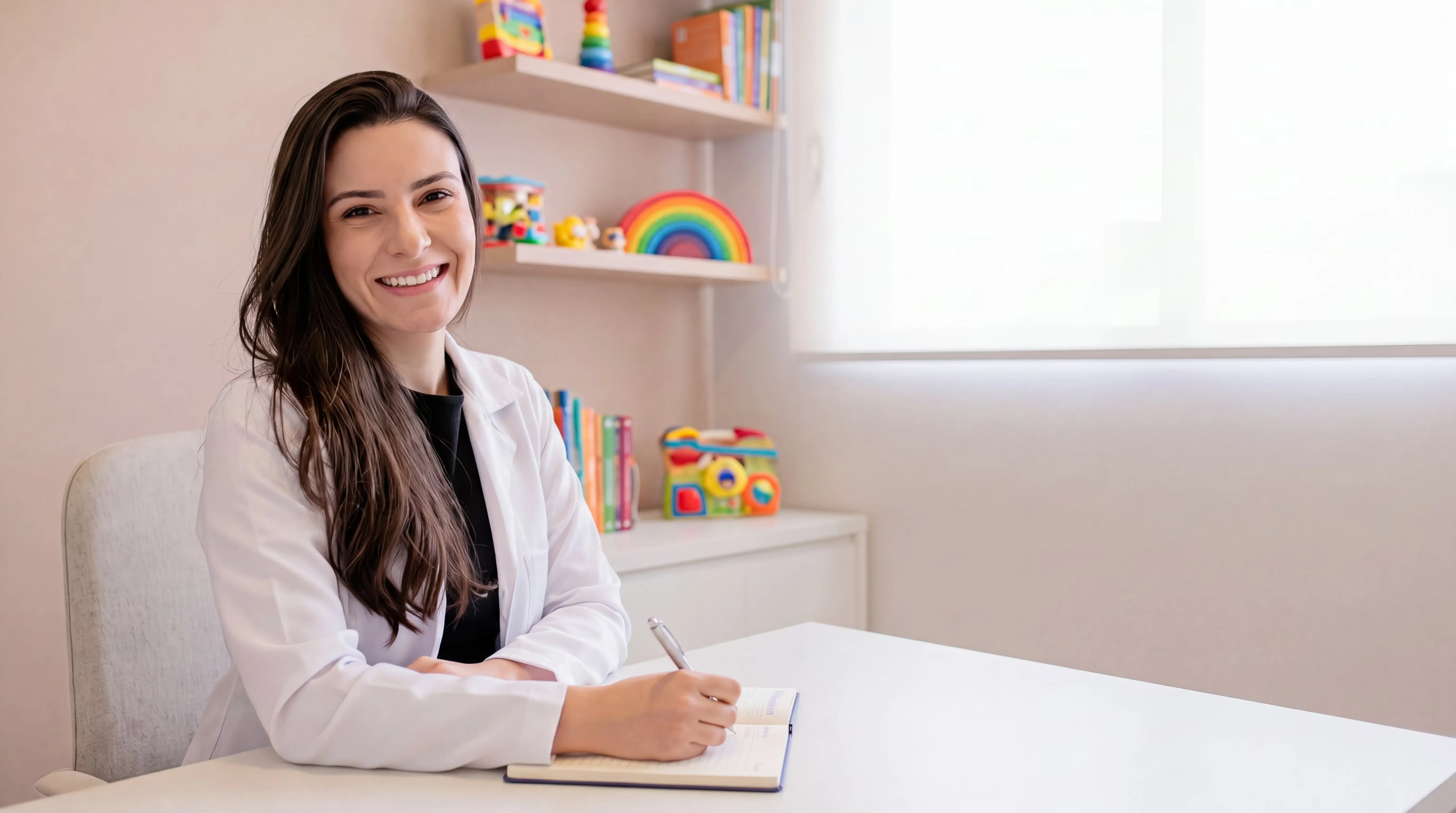 Maisa Palma sentada à mesa em um consultório infantil.